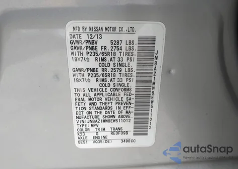 2014 Nissan Murano Sl из США, поврежденный, VIN JN8AZ1MW8EW511012